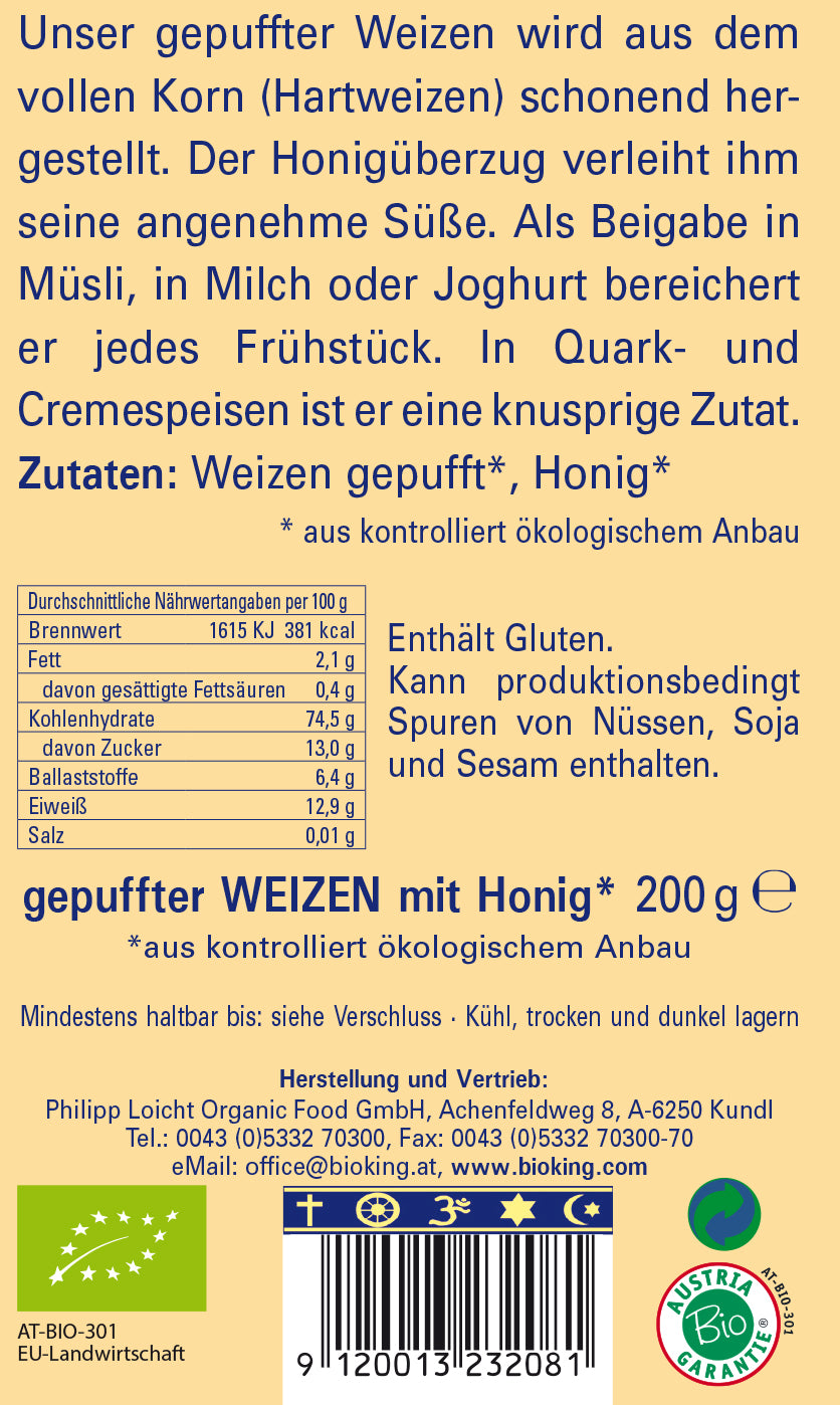 Gepuffter Bio Weizen mit Honig