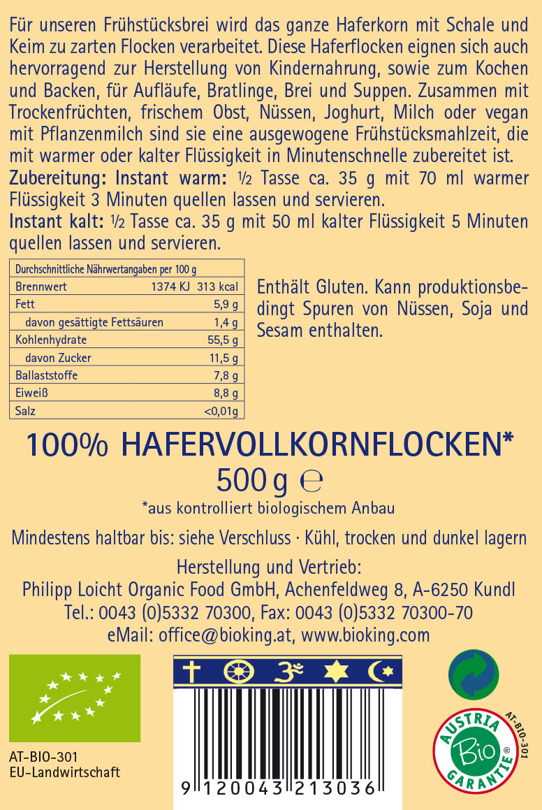 Bio Frühstücksbrei, Porridge Hafer