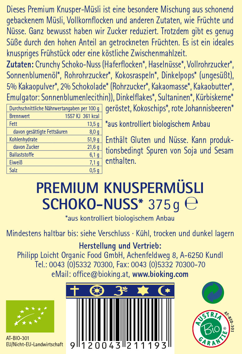 Bio Premium Knuspermüsli I Schoko-Nuss