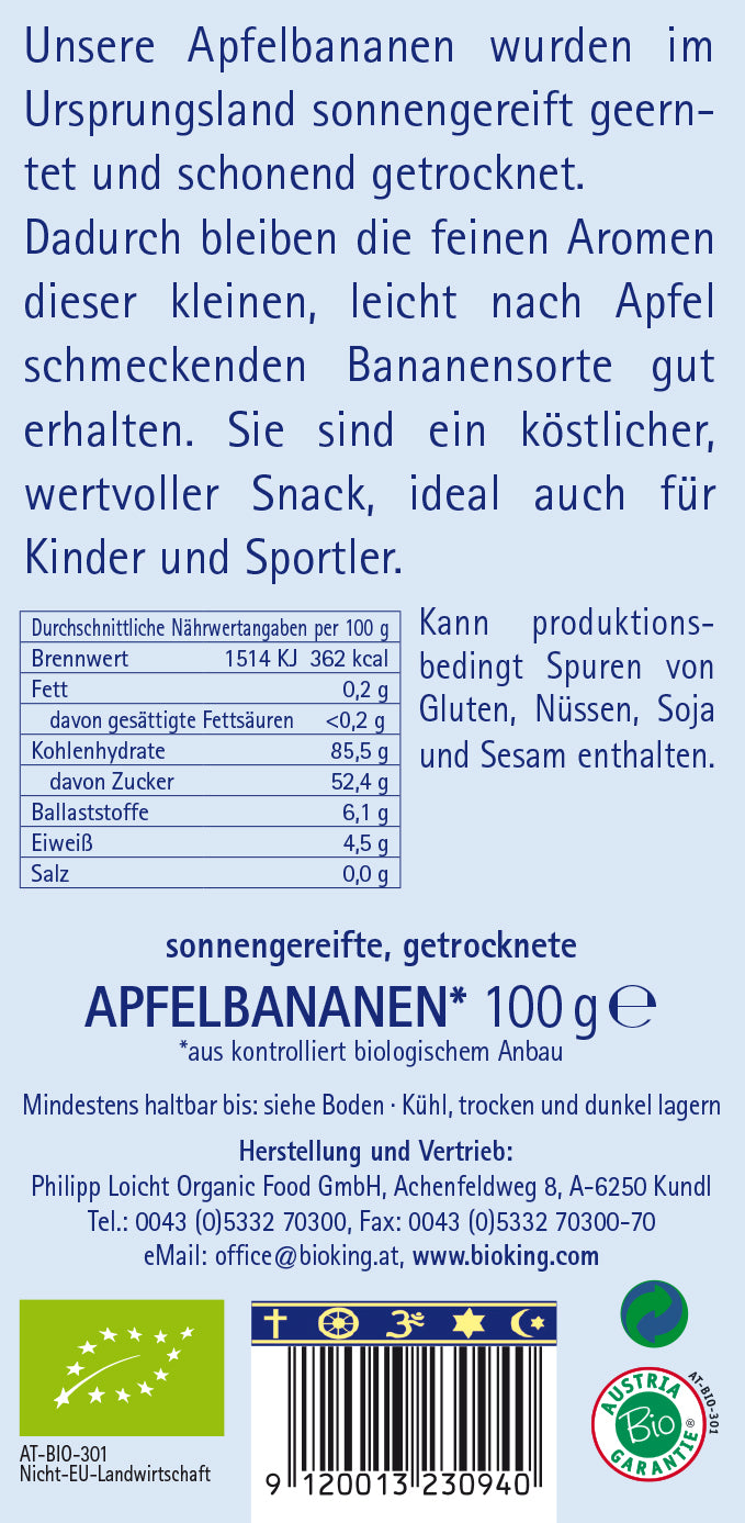 Bio Bananen (Apfelbananen), getrocknet