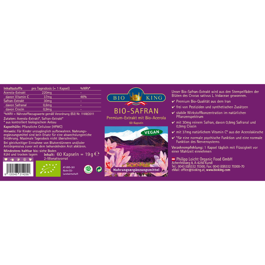 Bio Safran, Premium-Extrakt mit Bio-Acerola in 60 Kapseln