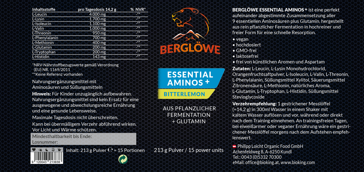 Berglöwe 225g Essential Aminos + Glutamin, mit Bitterlemon Geschmack