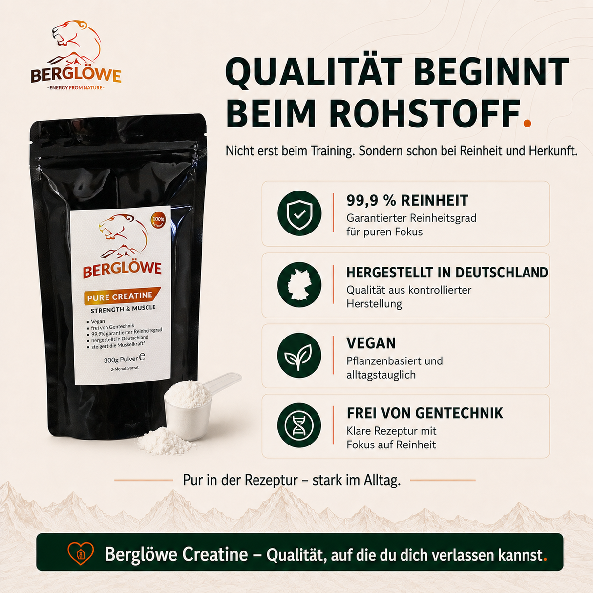 Pure Creatine von Berglöwe, Pulver zur Nahrungsergänzung