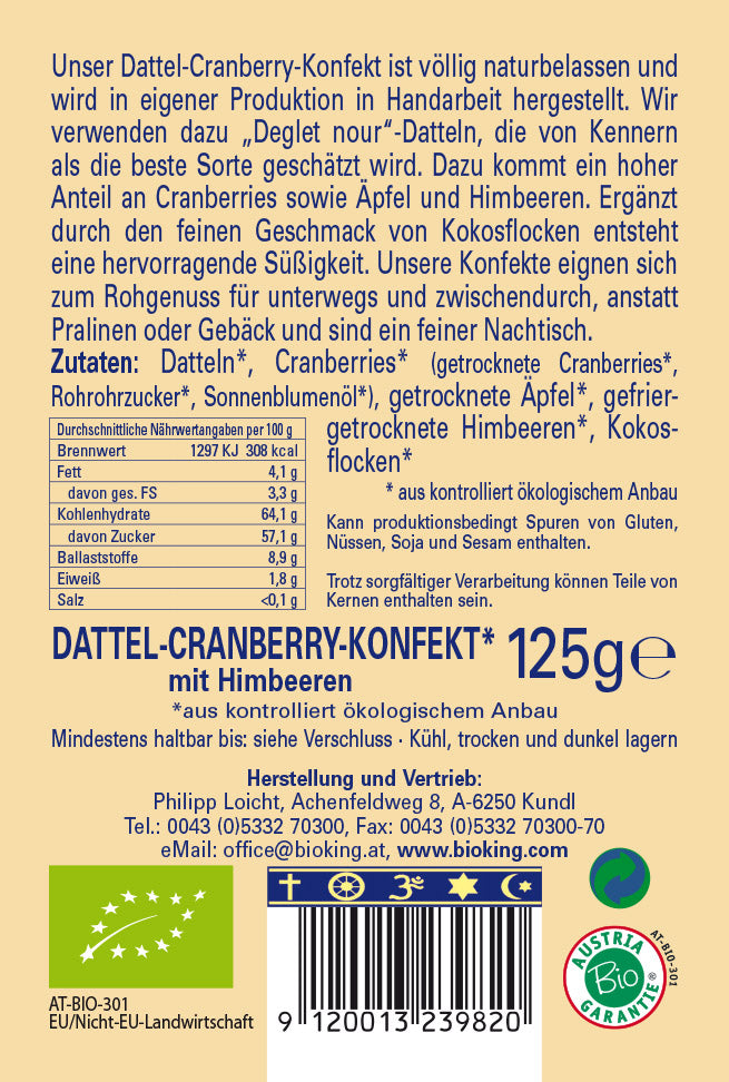 Bio Dattel-Cranberry-Konfekt mit Himbeeren