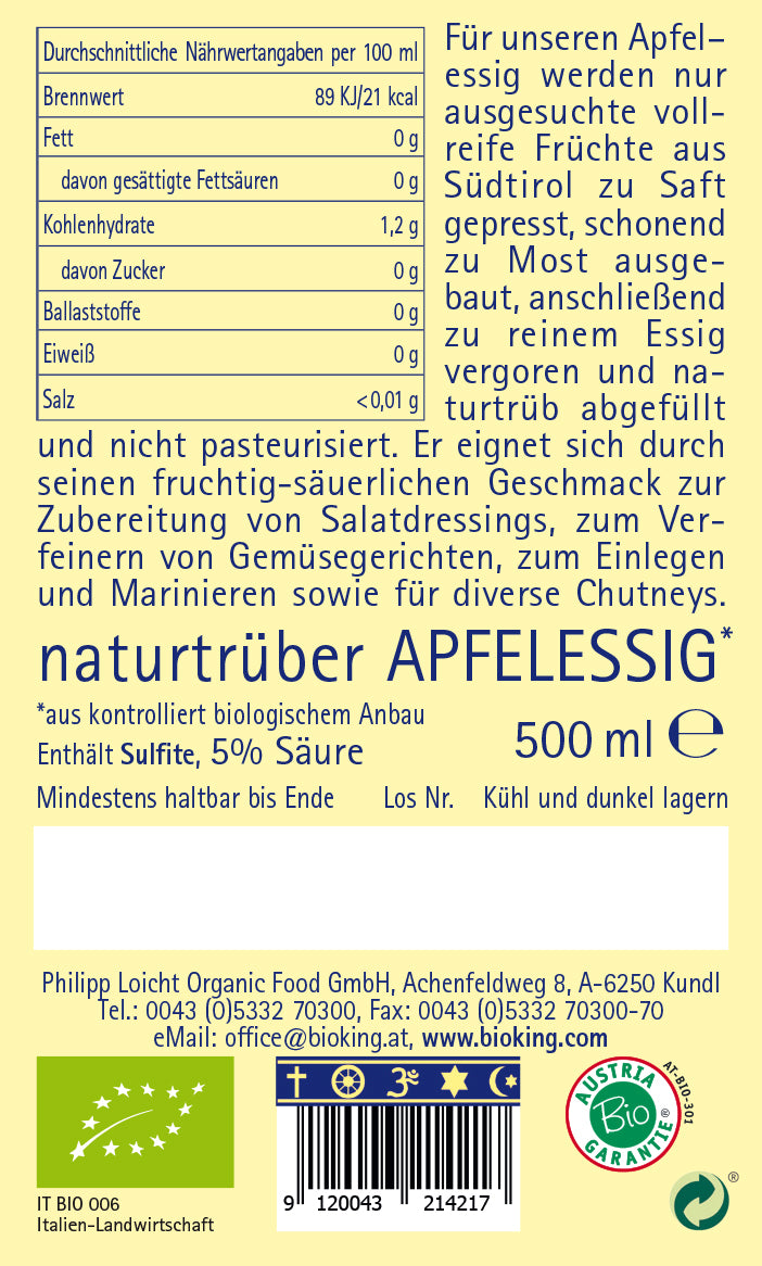 Italienischer Bio Apfelessig, naturtrüb