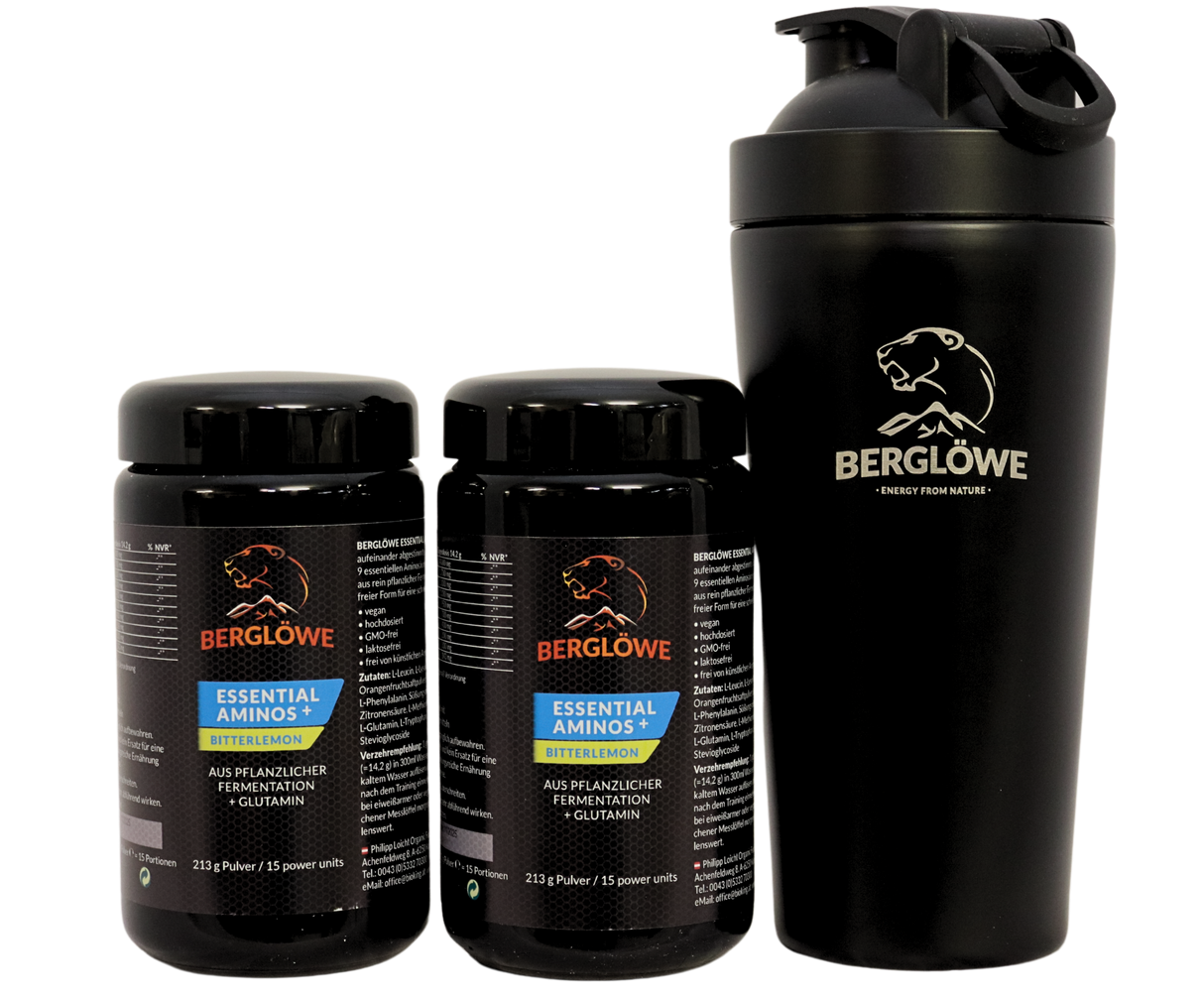 Berglöwe 213g ESSENTIAL AMINOS + Glutamin - VORTEILSPAKET, 2 PLUS 1 Shaker GRATIS