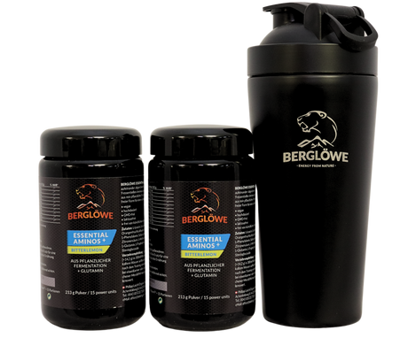 Berglöwe 213g ESSENTIAL AMINOS + Glutamin - VORTEILSPAKET, 2 PLUS 1 Shaker GRATIS